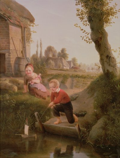 Zwei Kinder spielen mit einem Boot von François Antoine de Bruycker